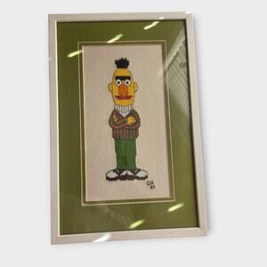 Vintage 1983 Bert Sesame Street Framed Cross-Stitch Art Green Matte